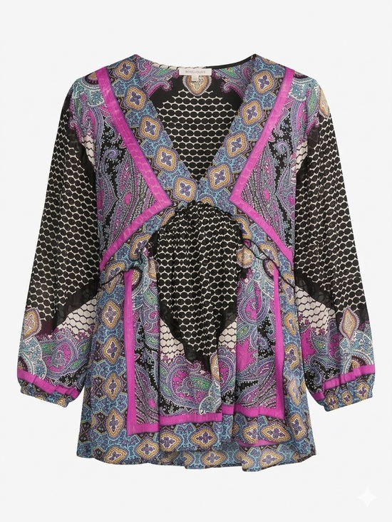 Rose & Olive Tops - Rose + Olive Boho Paisley Blouse Pink Black Mixed Print Top L